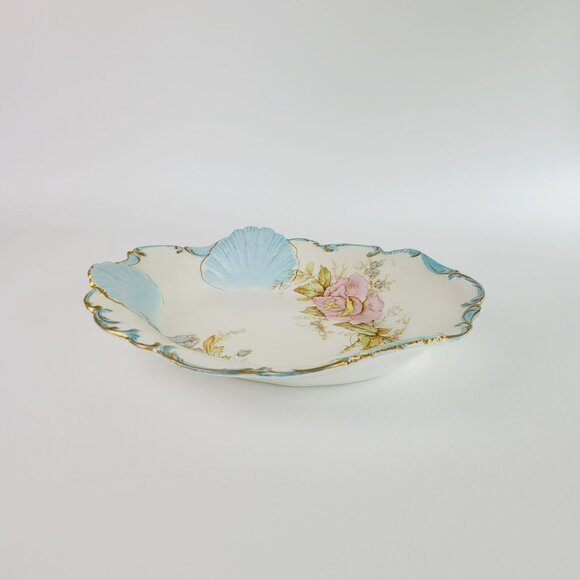 Antique Shabby Chic Porcelain Blue Shell Pink Floral Bowl c1900-16 La Francaise - Picture 12 of 12